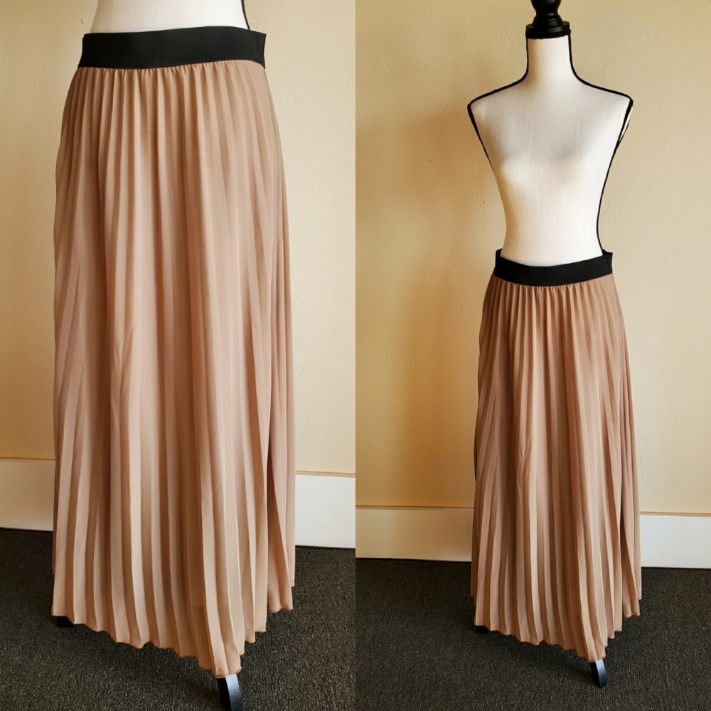 Tan Pleated Maxi Skirt